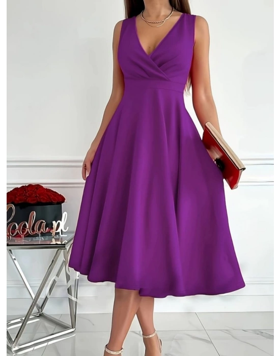 Kadın Ithal Krep Kumaş Kruvaze Yaka Eteği Kloş Kolsuz Midi Elbise