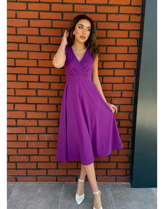 Kadın Ithal Krep Kumaş Kruvaze Yaka Eteği Kloş Kolsuz Midi Elbise