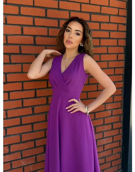 Kadın Ithal Krep Kumaş Kruvaze Yaka Eteği Kloş Kolsuz Midi Elbise