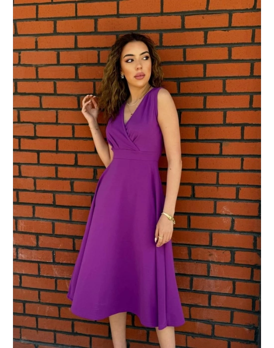 Kadın Ithal Krep Kumaş Kruvaze Yaka Eteği Kloş Kolsuz Midi Elbise