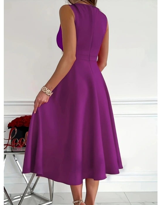 Kadın Ithal Krep Kumaş Kruvaze Yaka Eteği Kloş Kolsuz Midi Elbise