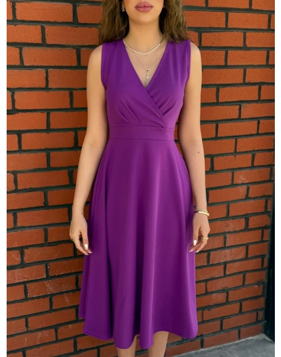 Kadın Ithal Krep Kumaş Kruvaze Yaka Eteği Kloş Kolsuz Midi Elbise