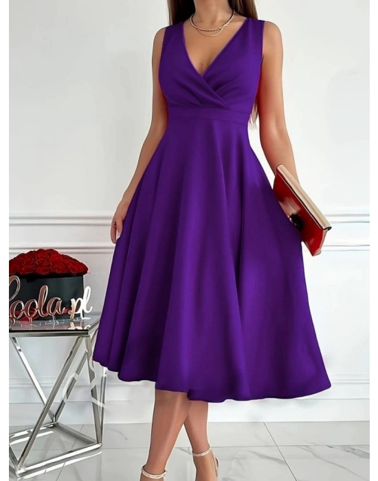 Kadın Ithal Krep Kumaş Kruvaze Yaka Eteği Kloş Kolsuz Mini Elbise