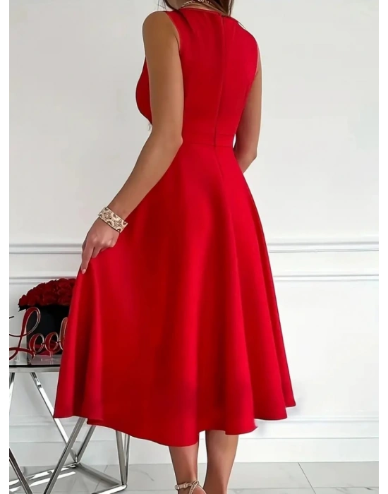 Kadın Ithal Krep Kumaş Kruvaze Yaka Eteği Kloş Kolsuz Mini Elbise