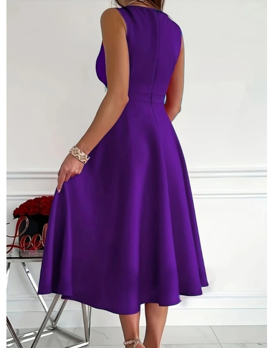 Kadın Ithal Krep Kumaş Kruvaze Yaka Eteği Kloş Kolsuz Mini Elbise