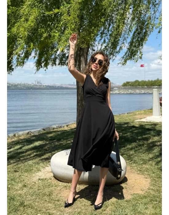 Kadın Ithal Krep Kumaş Kruvaze Yaka Eteği Kloş Kolsuz Mini Elbise