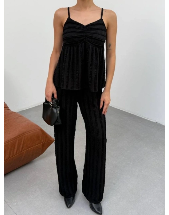 Kadın iyah Dokulu Askılı Üst Ve Bol Paça Pantolon 2’li Takım