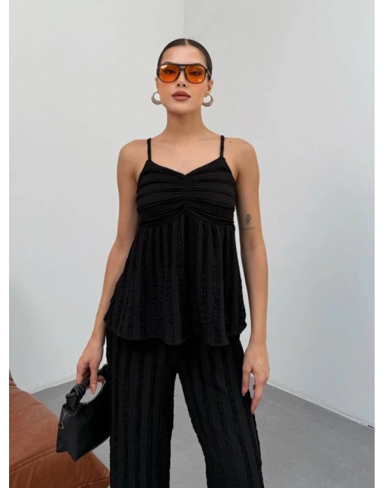 Kadın iyah Dokulu Askılı Üst Ve Bol Paça Pantolon 2’li Takım