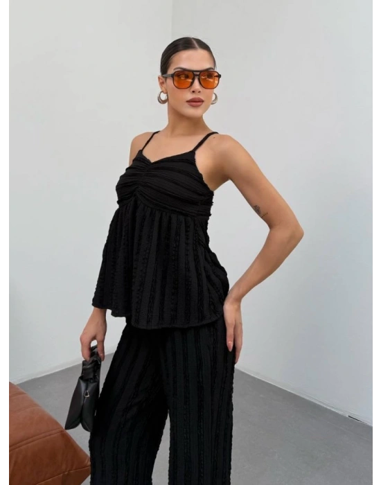 Kadın iyah Dokulu Askılı Üst Ve Bol Paça Pantolon 2’li Takım