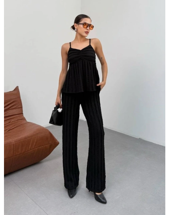 Kadın iyah Dokulu Askılı Üst Ve Bol Paça Pantolon 2’li Takım
