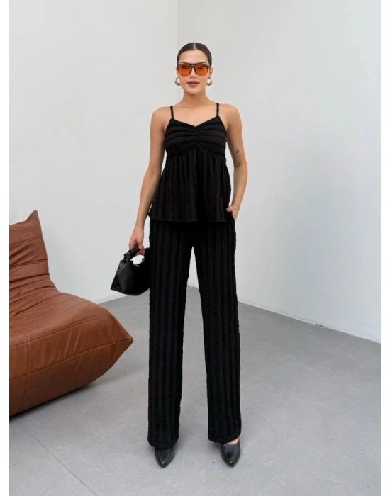 Kadın iyah Dokulu Askılı Üst Ve Bol Paça Pantolon 2’li Takım