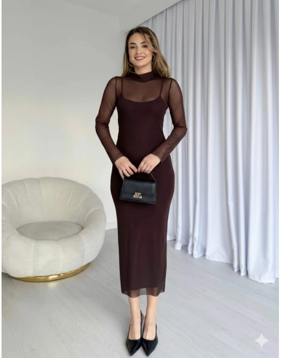 Kadın iyah Hakim Yaka Tül Detaylı idi Boy Esnek Elbise