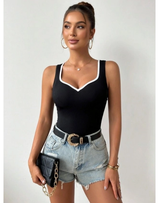 Kadın iyah Kalp Yaka Beyaz Biyeli Kaşkorse Bluz Atlet