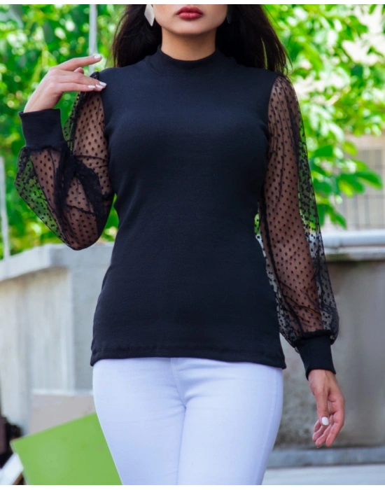 Kadın iyah Kolu Tül Detaylı Yarım Balıkçı Kaşkorse Bluz 6160