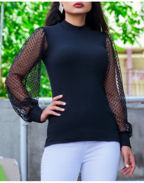 Kadın iyah Kolu Tül Detaylı Yarım Balıkçı Kaşkorse Bluz