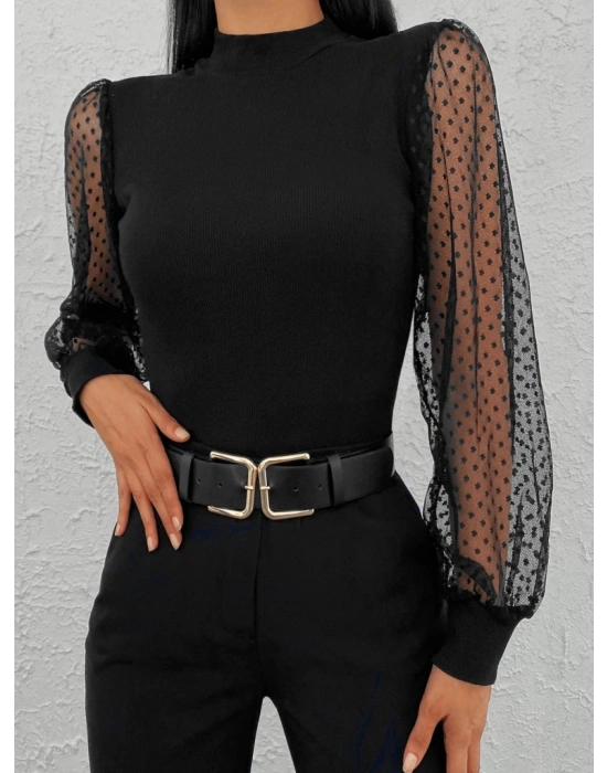 Kadın iyah Kolu Tül Detaylı Yarım Balıkçı Kaşkorse Bluz