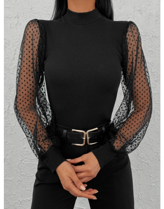 Kadın iyah Kolu Tül Detaylı Yarım Balıkçı Kaşkorse Bluz