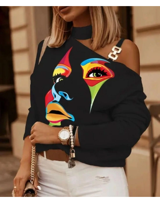 Kadın iyah Mikro Kumaş Kadın Figür Baskılı Toka Detaylı Bluz