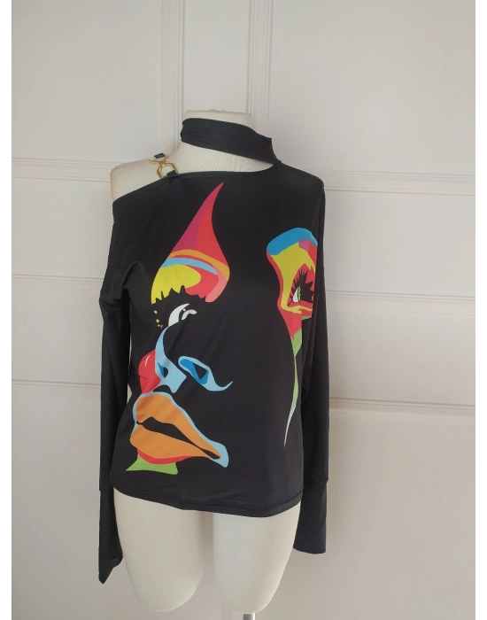 Kadın iyah Mikro Kumaş Kadın Figür Baskılı Toka Detaylı Bluz