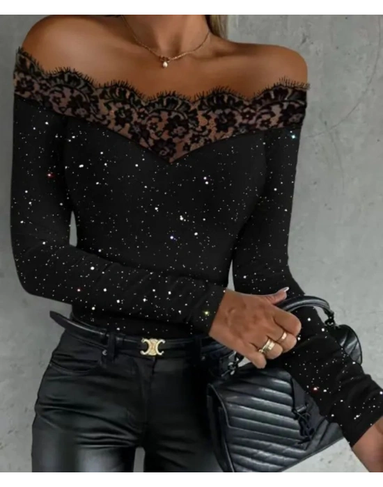 Kadın Kadife imli Kumaş Dantel Detaylı Bluz