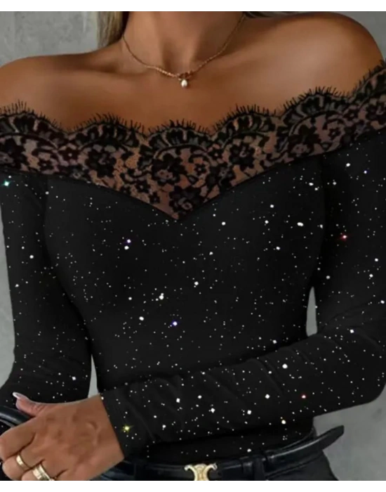 Kadın Kadife imli Kumaş Dantel Detaylı Bluz