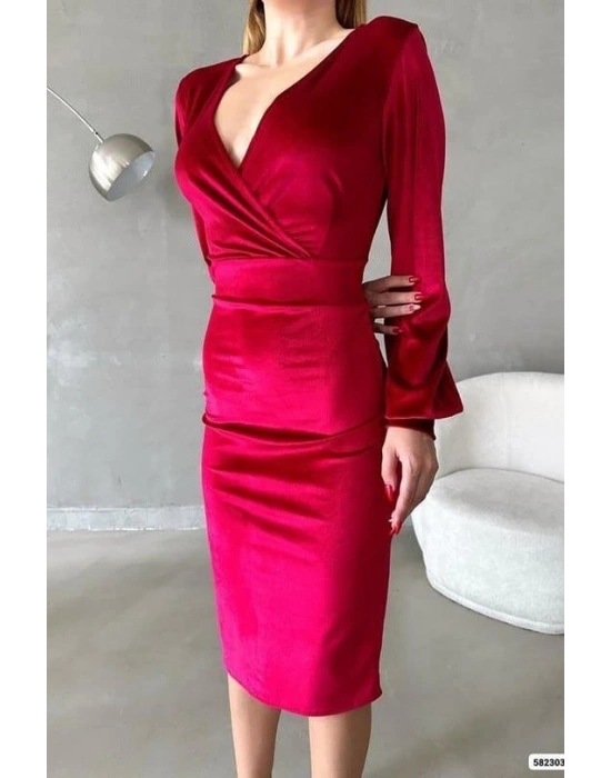 Kadın Kadife Kumaş Kruvaze Yaka Balon Kol Ve Yırtmaç Detaylı Midi Boy Elbise