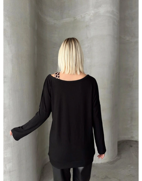 Kadın Kadife Kumaş Leopar Desenli Omuz Detay Uzun Kollu Bluz