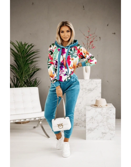 Kadın Kadife Kumaş Uzun Kollu Kapüşon Detay çiçek Baskılı Sweat Ve Pantolon Ikili Takım