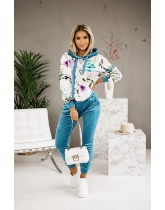 Kadın Kadife Kumaş Uzun Kollu Kapüşon Detay çiçek Baskılı Sweat Ve Pantolon Ikili Takım