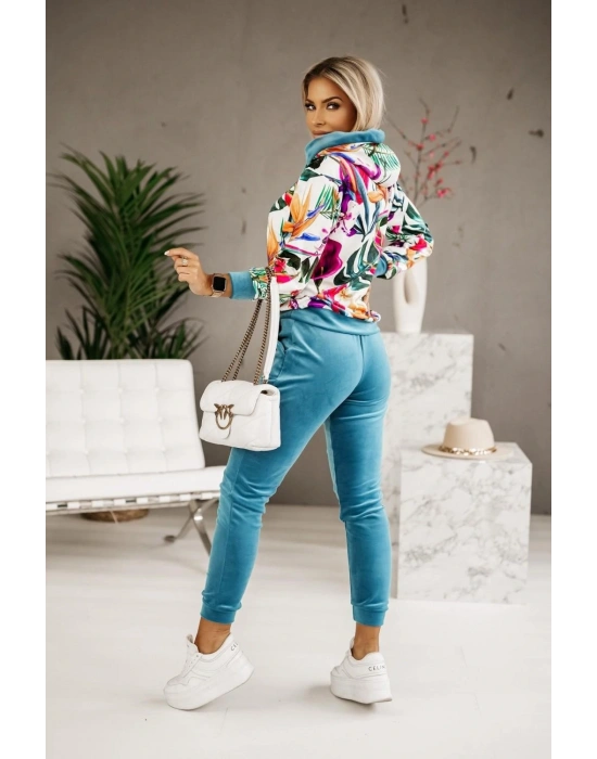 Kadın Kadife Kumaş Uzun Kollu Kapüşon Detay çiçek Baskılı Sweat Ve Pantolon Ikili Takım