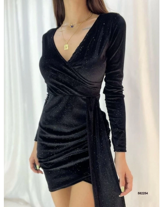 Kadın Kadife Kumaş V Yaka Belde Kuşak Detaylı Simli ini Boy Elbise