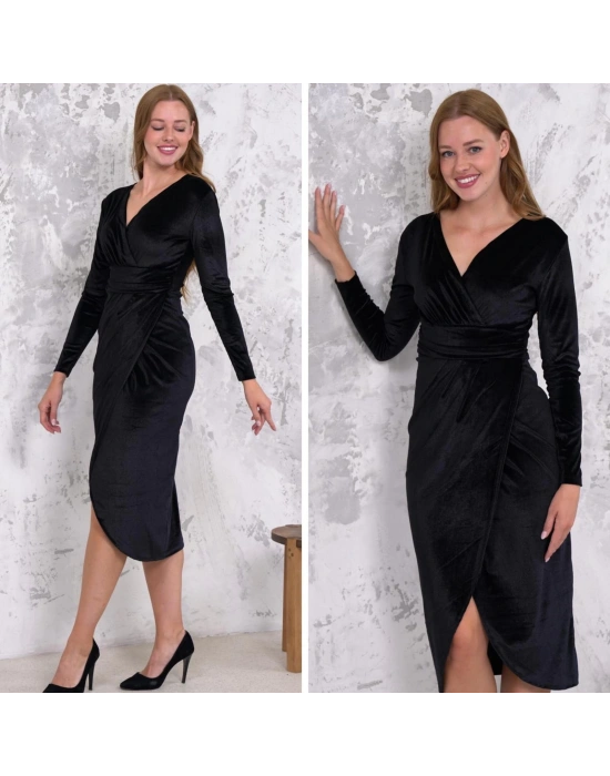 Kadın Kadife Kumaş V Yaka Uzun Kollu Midi Boy Elbise