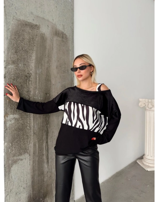 Kadın Kadife Kumaş Zebra Desenli Omuz Detay Uzun Kollu Bluz