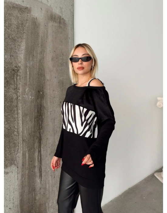 Kadın Kadife Kumaş Zebra Desenli Omuz Detay Uzun Kollu Bluz