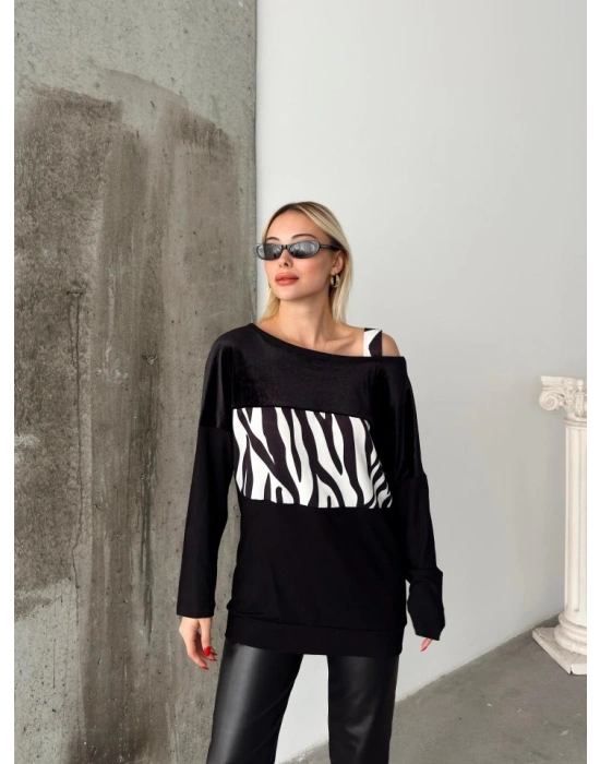 Kadın Kadife Kumaş Zebra Desenli Omuz Detay Uzun Kollu Bluz
