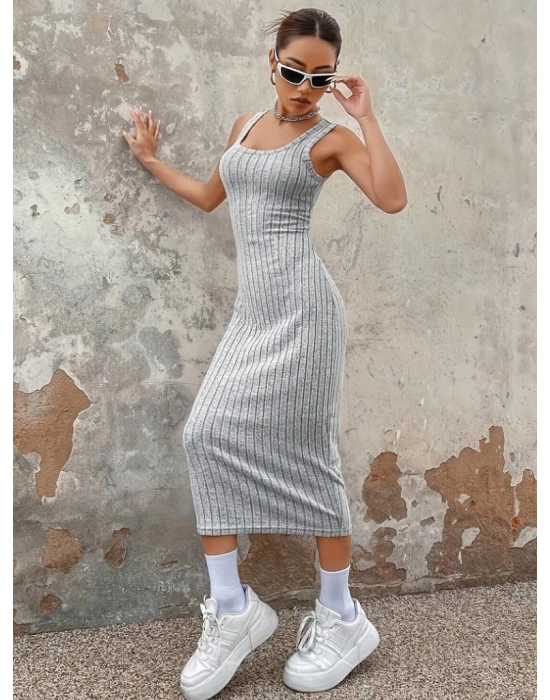 Kadın Kalın Askılı Kare Yaka Fitilli Kaşkorse Midi Boy Elbise