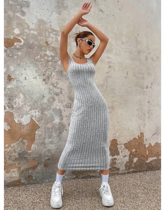 Kadın Kalın Askılı Kare Yaka Fitilli Kaşkorse Midi Boy Elbise