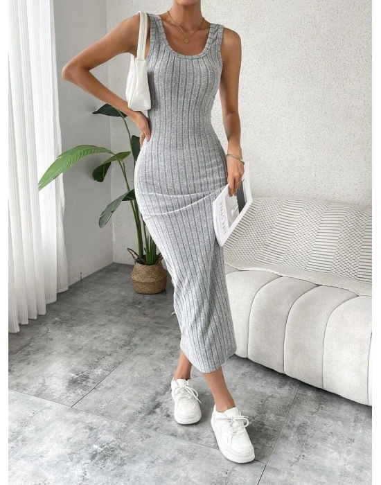 Kadın Kalın Askılı Kare Yaka Fitilli Kaşkorse Midi Boy Elbise