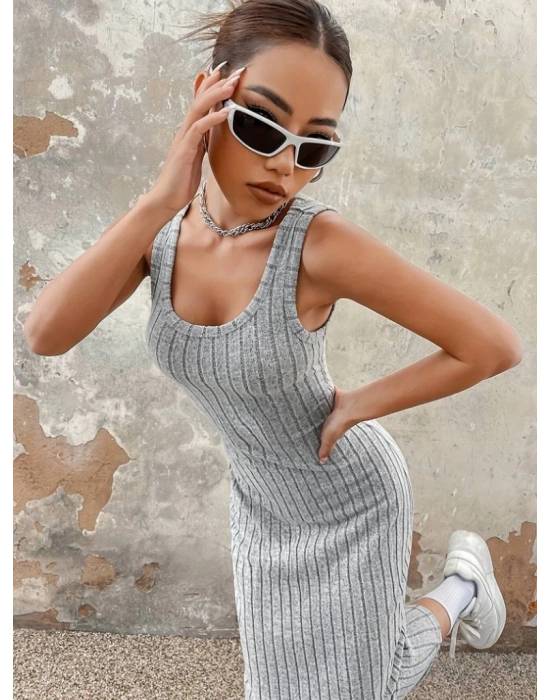 Kadın Kalın Askılı Kare Yaka Fitilli Kaşkorse Midi Boy Elbise