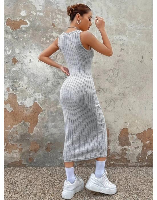 Kadın Kalın Askılı Kare Yaka Fitilli Kaşkorse Midi Boy Elbise