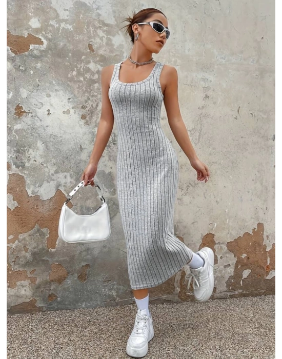 Kadın Kalın Askılı Kare Yaka Fitilli Kaşkorse Midi Boy Elbise