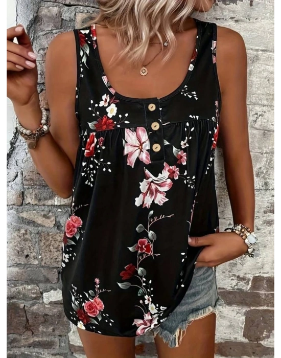 Kadın Kalın Askılı önü Düğme Detay çiçek Desen Bluz