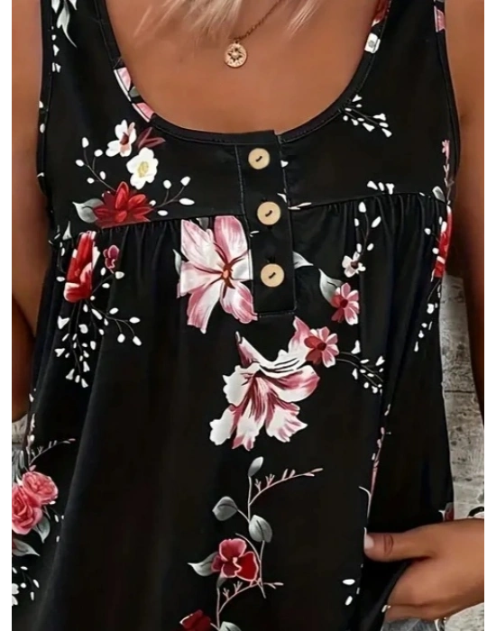 Kadın Kalın Askılı önü Düğme Detay çiçek Desen Bluz