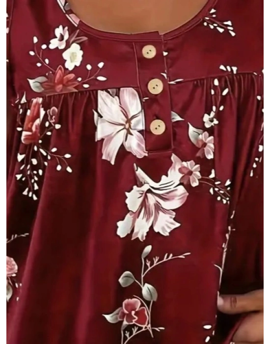 Kadın Kalın Askılı önü Düğme Detay çiçek Desen Bluz