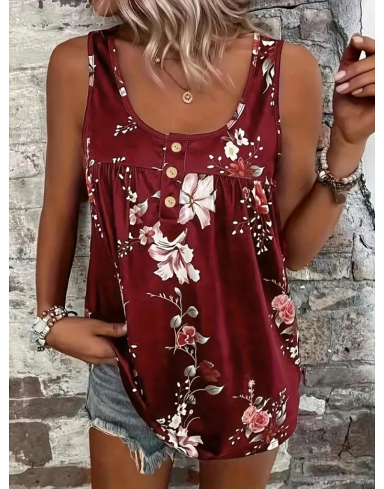 Kadın Kalın Askılı önü Düğme Detay çiçek Desen Bluz