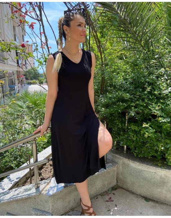 Kadın Kalın Askılı V Yaka Yırtmaç Detay Viskon Elbise