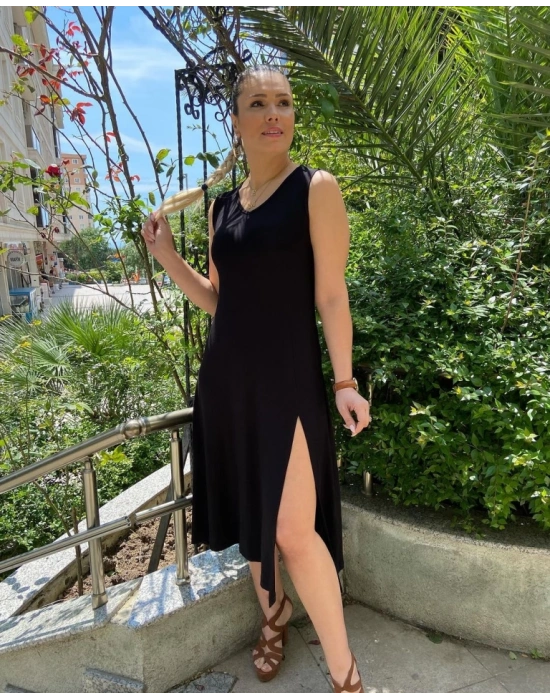 Kadın Kalın Askılı V Yaka Yırtmaç Detay Viskon Elbise