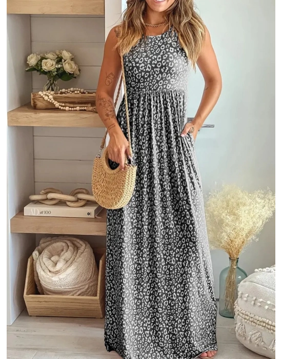 Kadın Kalın Askılı Yuvarlak Yaka Cepli Süprem Maksi Elbise