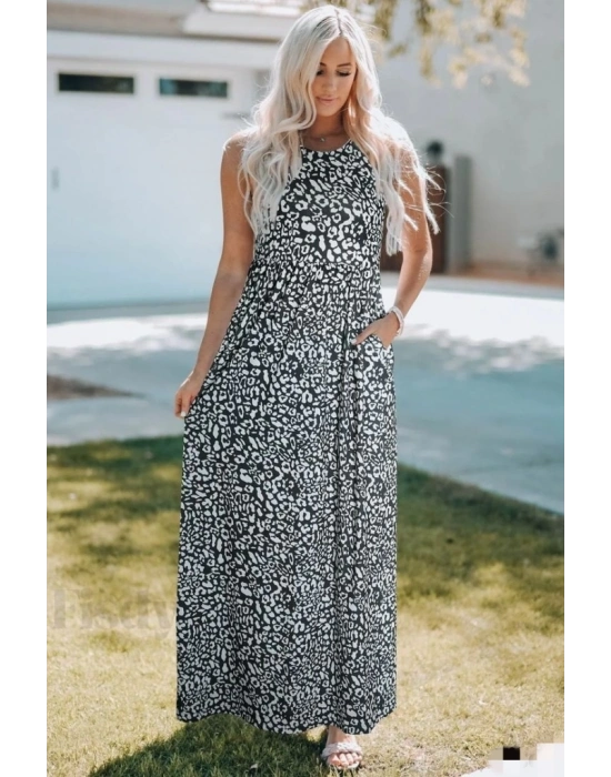 Kadın Kalın Askılı Yuvarlak Yaka Cepli Süprem Maksi Elbise