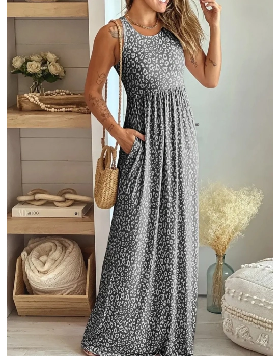 Kadın Kalın Askılı Yuvarlak Yaka Cepli Süprem Maksi Elbise